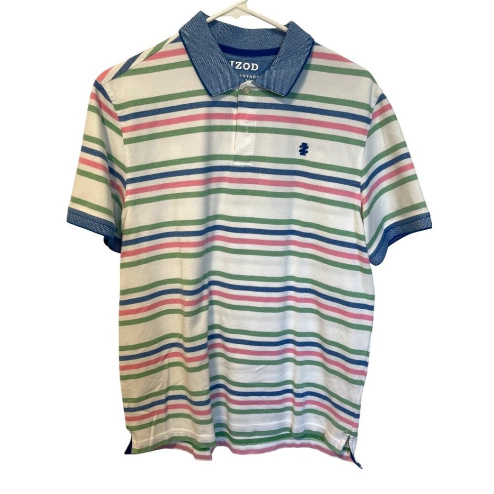 IZOD Advantage Performance Stretch Golf Polo - Pink Green Blue Stripe - M